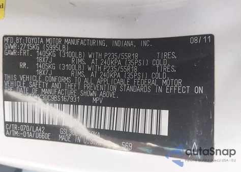 2011 Toyota Sienna Limited V6 z USA, uszkodzony, nr VIN 5TDYK3DC9BS167931